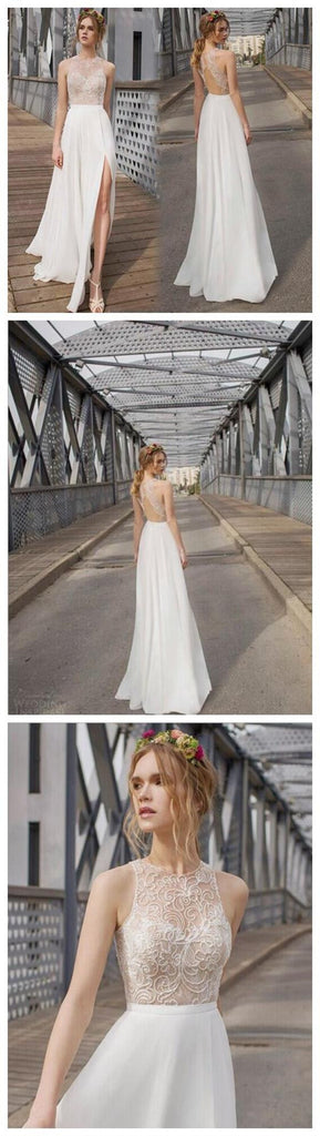 Long Sheath Open Back Prom Dress, Sexy Side Slit Prom Dress, Cheap Popular Wedding Dresses, WD0123