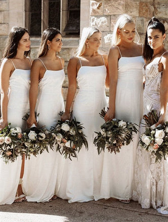 White Spaghetti Straps Mermaid Slit Backless Straight Neckline Cheap Bridesmaid Dress, FC1706