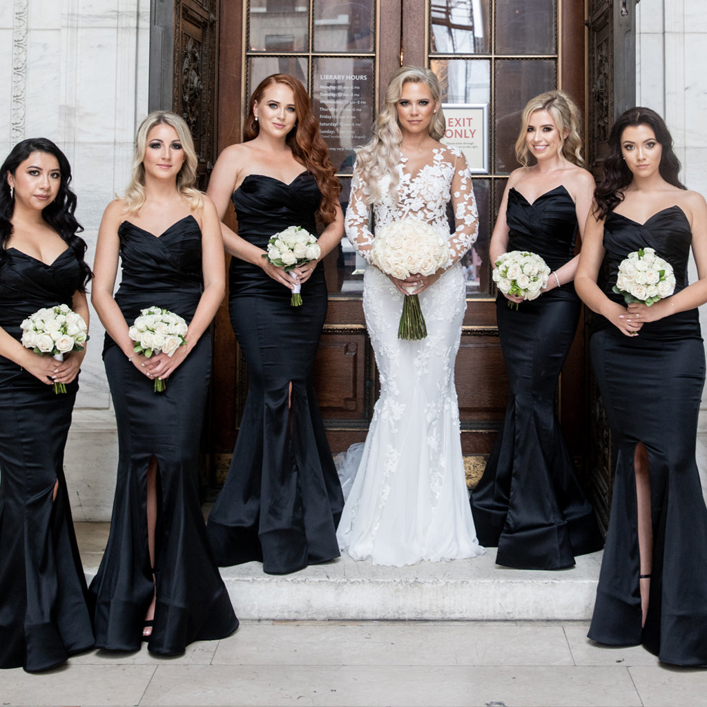 Black Mermaid Satin Backless Sweetheart Tulle Slit Bridesmaid Dresses, FC2184 Black Mermaid Satin Backless Sweetheart Tulle Slit Bridesmaid Dresses, FC2184
