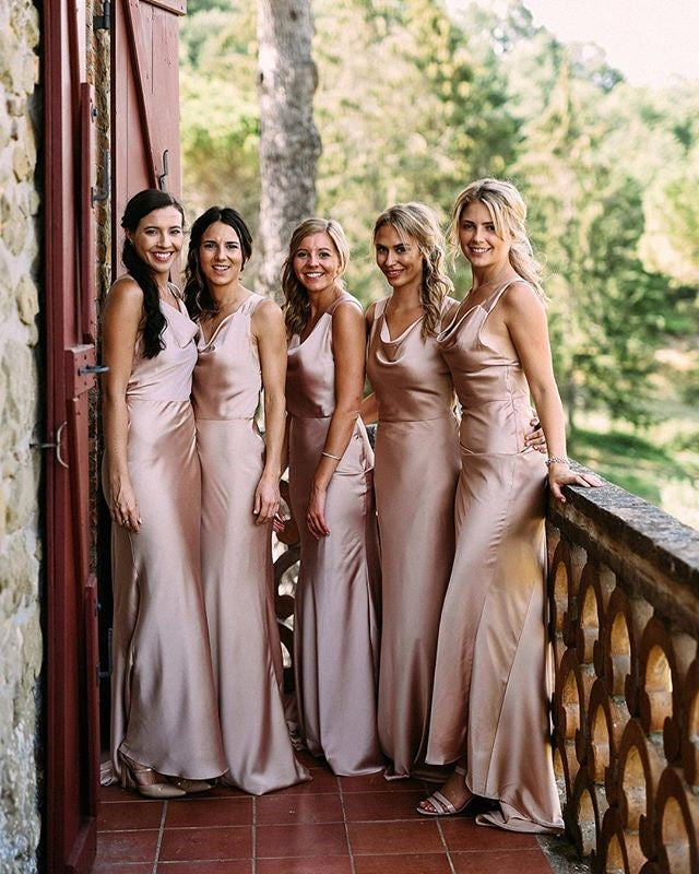 nude satin bridesmaid dresses Neutral Champagne Bridesmaid Dress Shiny Satin Size Large
