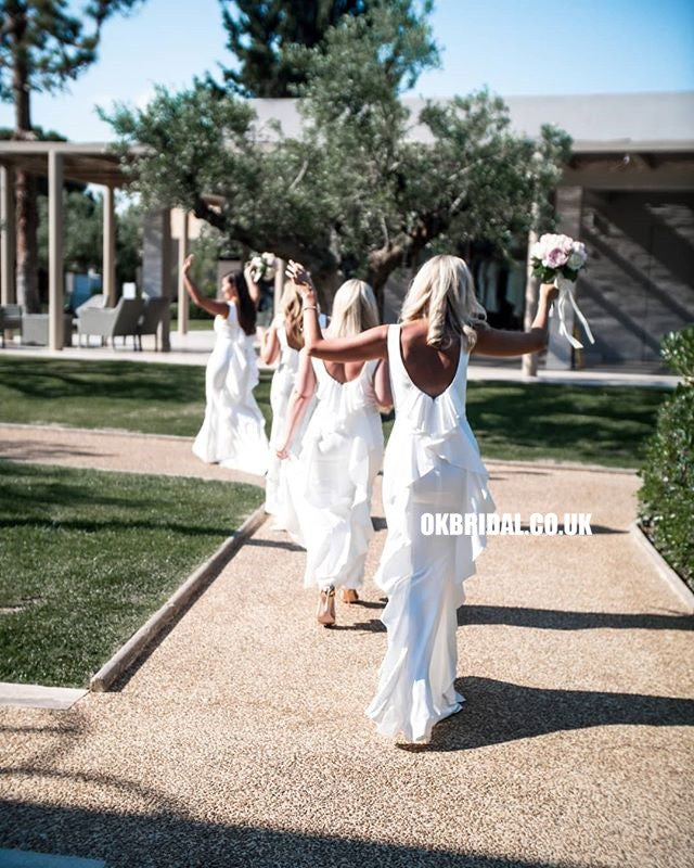 White Sleeveless Memaid Jersey Backless Charming Bridesmaid Dresses, FC2294