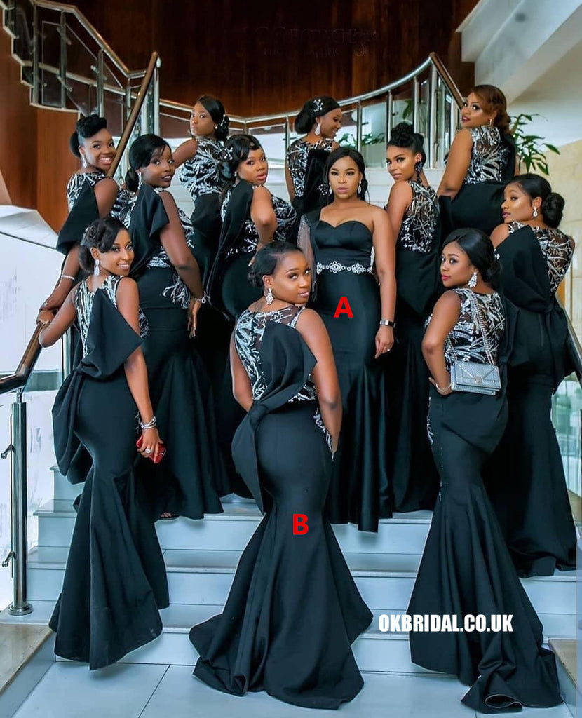 Black Mermaid Satin Mismatched Lace Appliques Sleeveless Bridesmaid Dress, FC4308 Black Mermaid Satin Mismatched Lace Appliques Sleeveless Bridesmaid Dress, FC4308