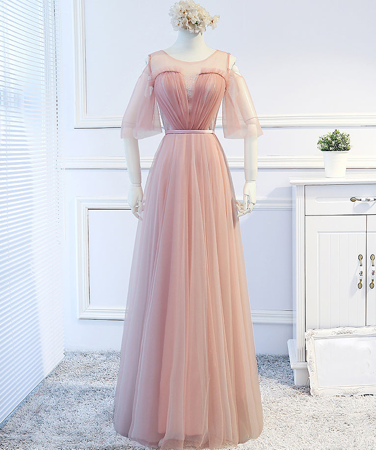 Simple Design Tulle Half Sleeve A-Line Cheap Open-Back Bridesmaid Dress, FC1698