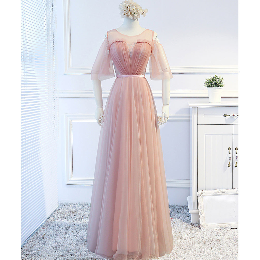 Simple Design Tulle Half Sleeve A-Line Cheap Open-Back Bridesmaid Dres Dresses Simple Design Tulle Half Sleeve A-Line Cheap Open-Back Bridesmaid Dres Dresses