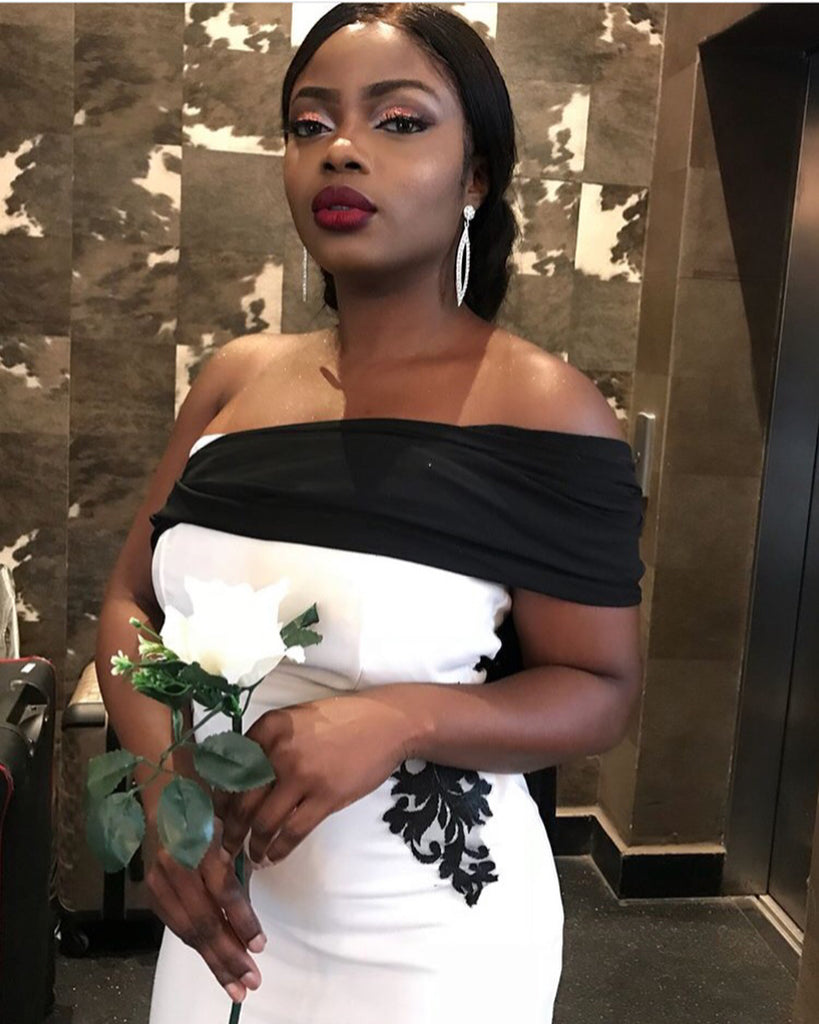 Charming Off Shoulder Black and White Mermaid Applique Bridesmaid Dres – Dresses Charming Off Shoulder Black and White Mermaid Applique Bridesmaid Dres – Dresses