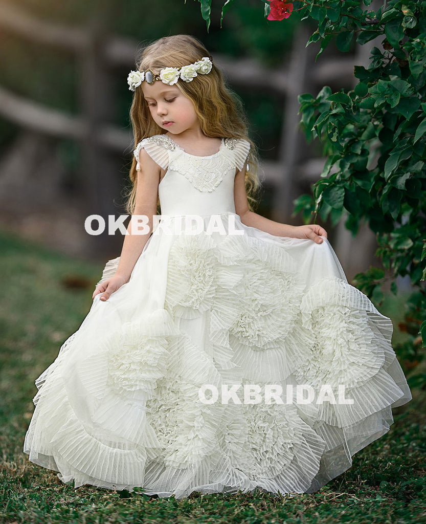 Cute Tulle Flower Girl Dresses, Beaded Round Neckline Popular Little Girl Dresses, KX988