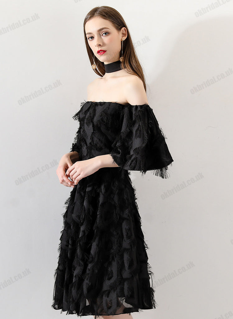 Black Off Shoulder Homecoming Dresses, Lace Backless Short Sleeve Homecoming Dresses, KX1505