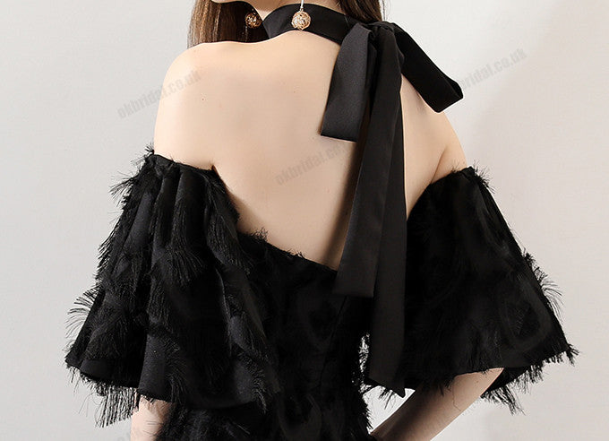 Black Off Shoulder Homecoming Dresses, Lace Backless Short Sleeve Homecoming Dresses, KX1505