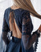 New Arrival V-Neck Long Sleeve Lace A-Line Chiffon Navy Open-Back Homecoming Dresses, KX1515