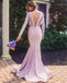 Long Sleeve Deep V-Neck Mermaid Prom Dresses, Soft Satin V-Back Evening Dresses, KX1453
