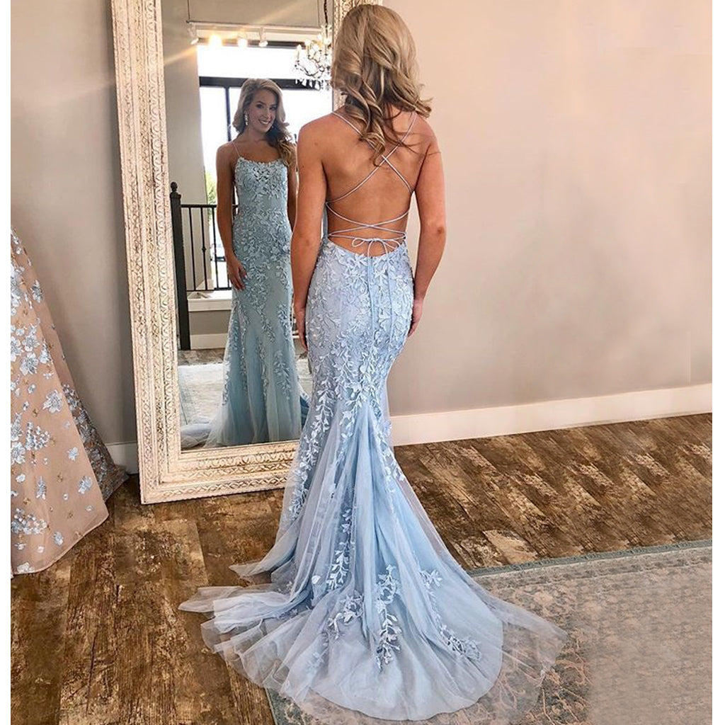 Blue Mermaid Spaghetti StrapsTulle Backless Applique Prom Dresses, FC1542