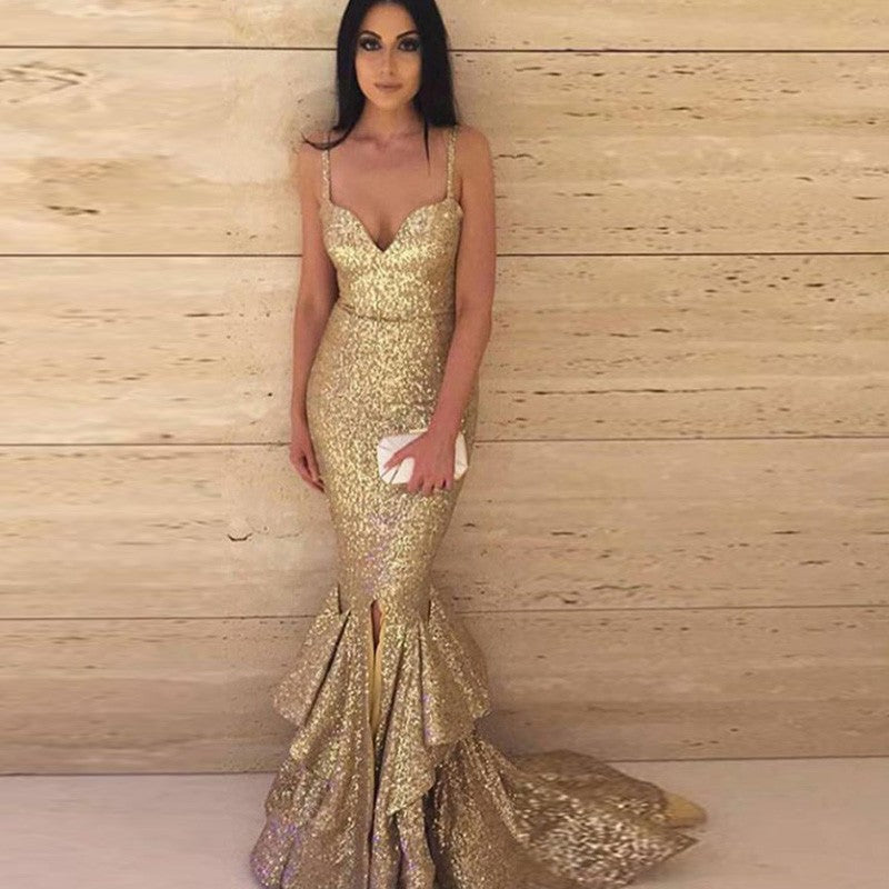 Gold Sequin Mermaid Sexy Slit Prom Dress, FC1750