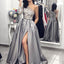 One-Shoulder Satin Long Sleeve A-Line Slit Applique Prom Dresses, FC1832