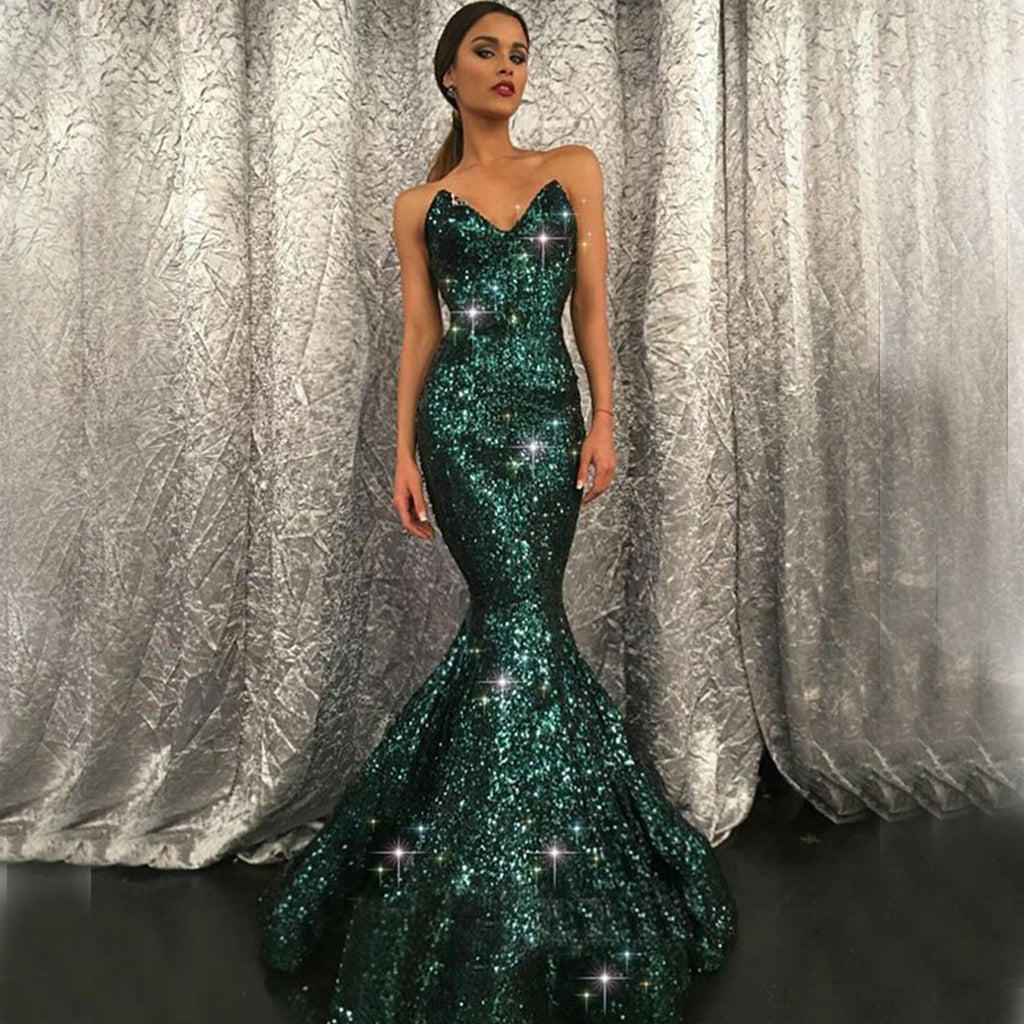green mermaid dress prom Sparkly Green Sequin Mermaid Backless Beaded Prom Dresses, FC1857
