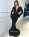 Black Tulle Long Sleeve Backless Jersey Mermaid Beaded Prom Dress, FC1890