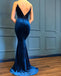 Vintage Straps V-Neck Velvet Mermaid Backless Cheap Prom Dresses, FC2032