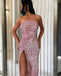 Popular Pink Sequin Straight Neckline Backless Slit Sparkly Prom Dresses, FC2132