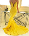 Sexy Deep V-neck Spaghetti Straps Mermaid Yellow Jersey Backless Prom Dresses, FC2194