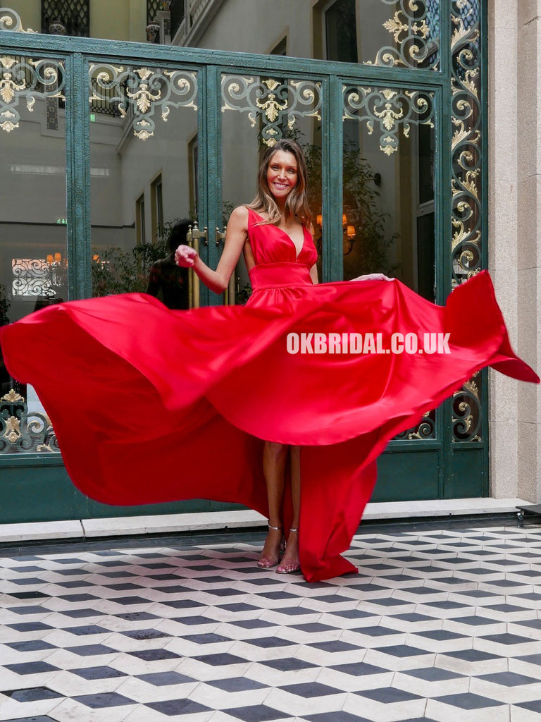 Elegant Red A-line Backless V-neck Prom Dress with Pockets, FC2407