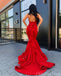 Red Mermaid Halter Sexy Backless Jersey Long Prom Dress, FC3757