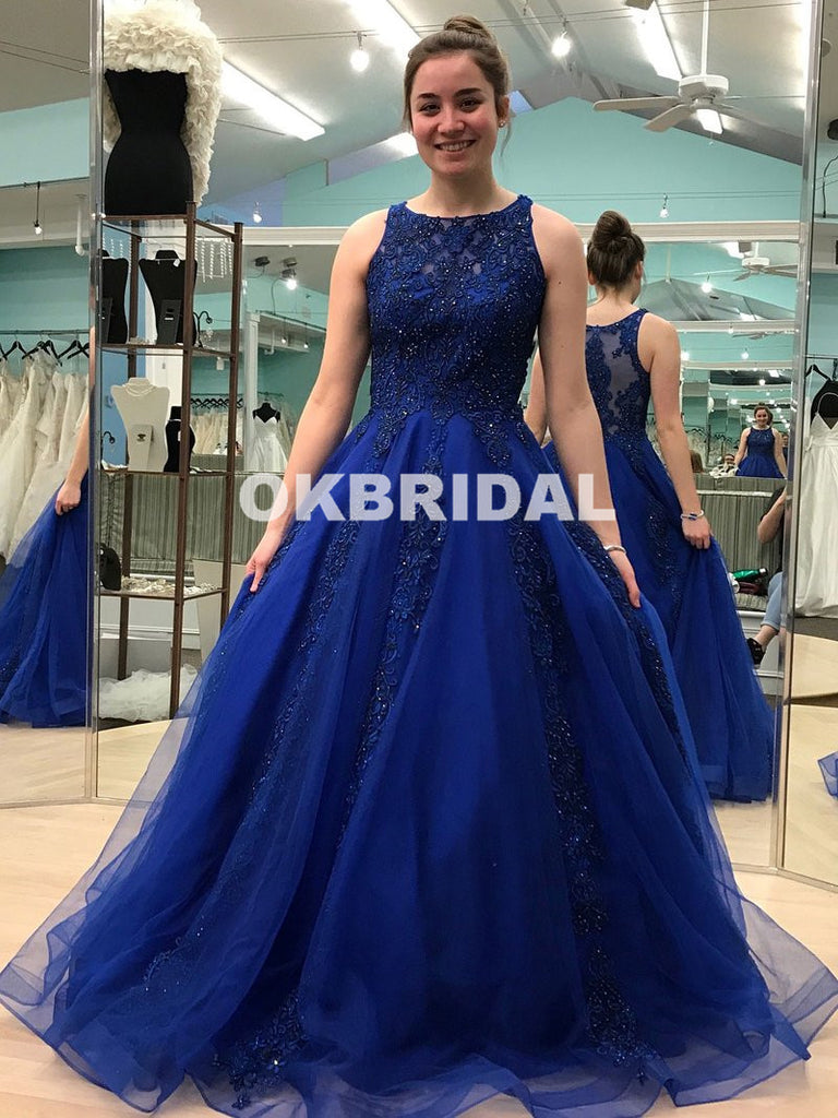 Charming Royal Biue A-Line Prom Dress, Luxury Beaded Sparkly Sleeveless Organza Prom Dress, KX1071