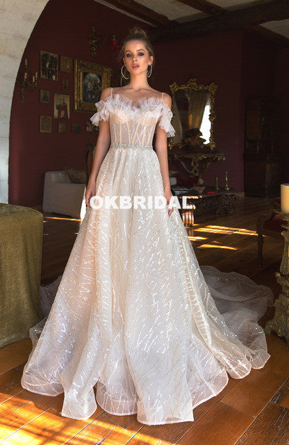 Vintage Sequin A-Line Beaded Sparkle Backless Tulle Long Wedding Dresses, KX968