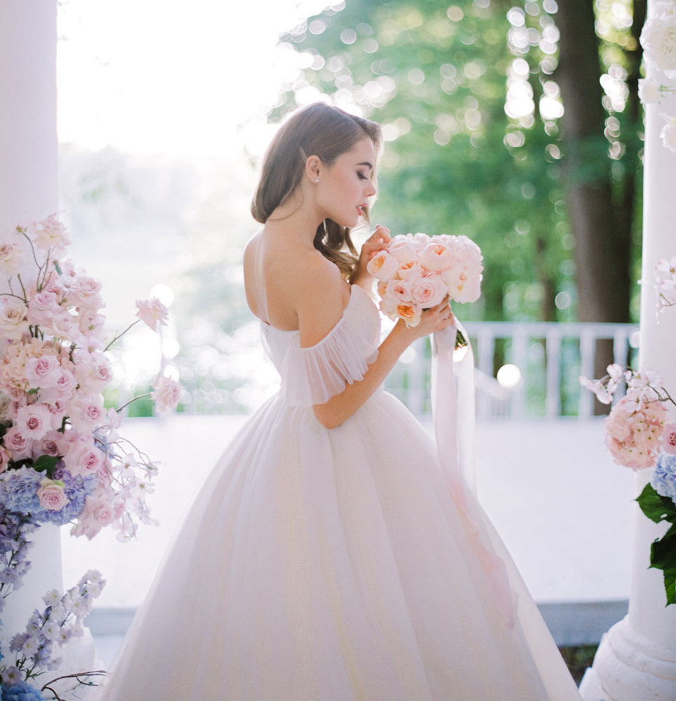 Honest Off Shoulder A-Line Wedding Dress, Tulle Backless Long White Wedding Dress,  KX1326