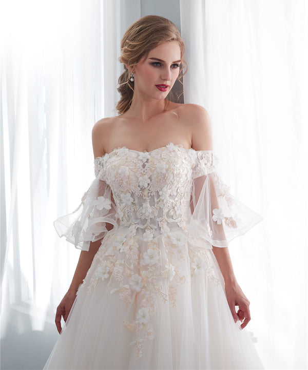 Gorgeous Off Shoulder Tulle A-Line Long Applique Wedding Dress, FC1634 ...