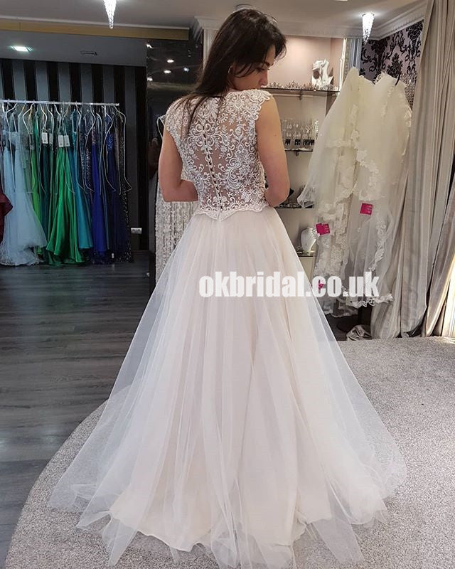 New Arrival Lace Top Tulle Wedding Dress, Cheap A-Line Sleeveless Wedding Dress, KX895