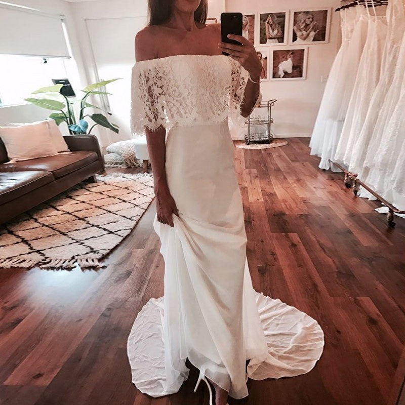 Off Shoulder Chiffon Cheap Bridal Dress, Gorgeous Lace Sheath Bridal Dress, LB0796