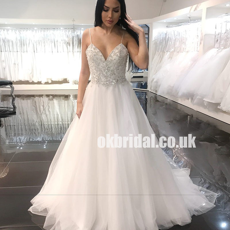 wedding dress beaded top tulle bottom Tulle A Line Wedding Dress With Beaded Top