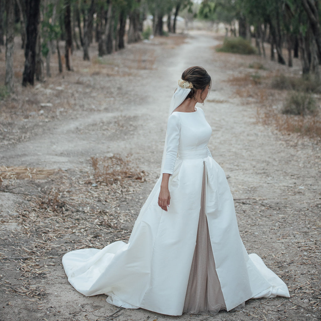 long sleeve satin wedding dress uk Classy Satin Wedding Dress With Long Sleeves Elizabeth Made to Order / White / 10 US (42 EU)