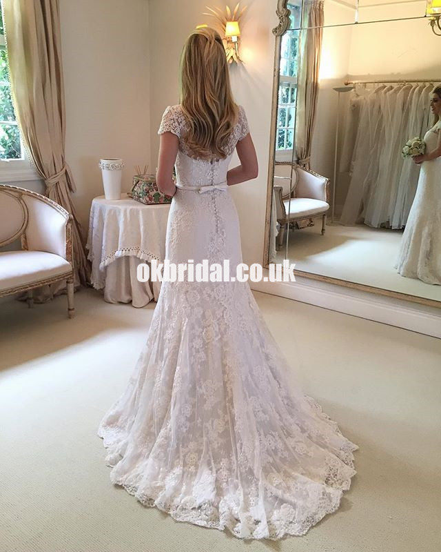 Short Sleeve Elegant Lace A-Line Wedding Dresses with Detachable Satin Skirt, KX1347