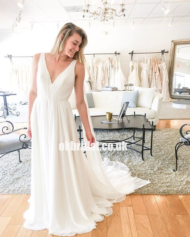 V-Neck Chiffon Sleeveless Wedding Dresses, Charming A-Line Backless Wedding Dress, KX1402