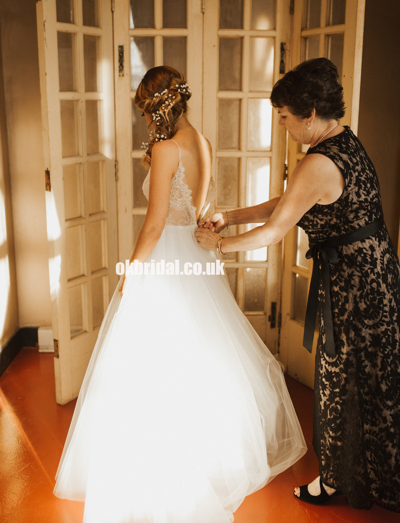 Spaghetti Straps Tulle A-Line Bridal Dress, Backless Lace Long Wedding Dress,  KX1406