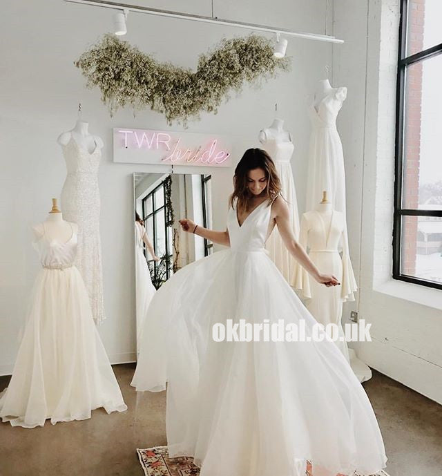 Charming Tulle A-Line Wedding Dress, Cheap Deep V-Neck Backless Bridal Dress, KX924